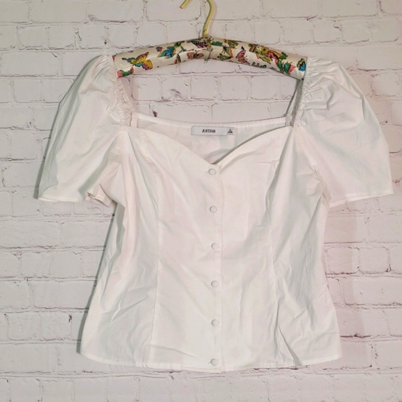 🆕️NWT JustFab White Babydoll Button Front Plunge Top Tee Shirt Womens Size L - Picture 4 of 17